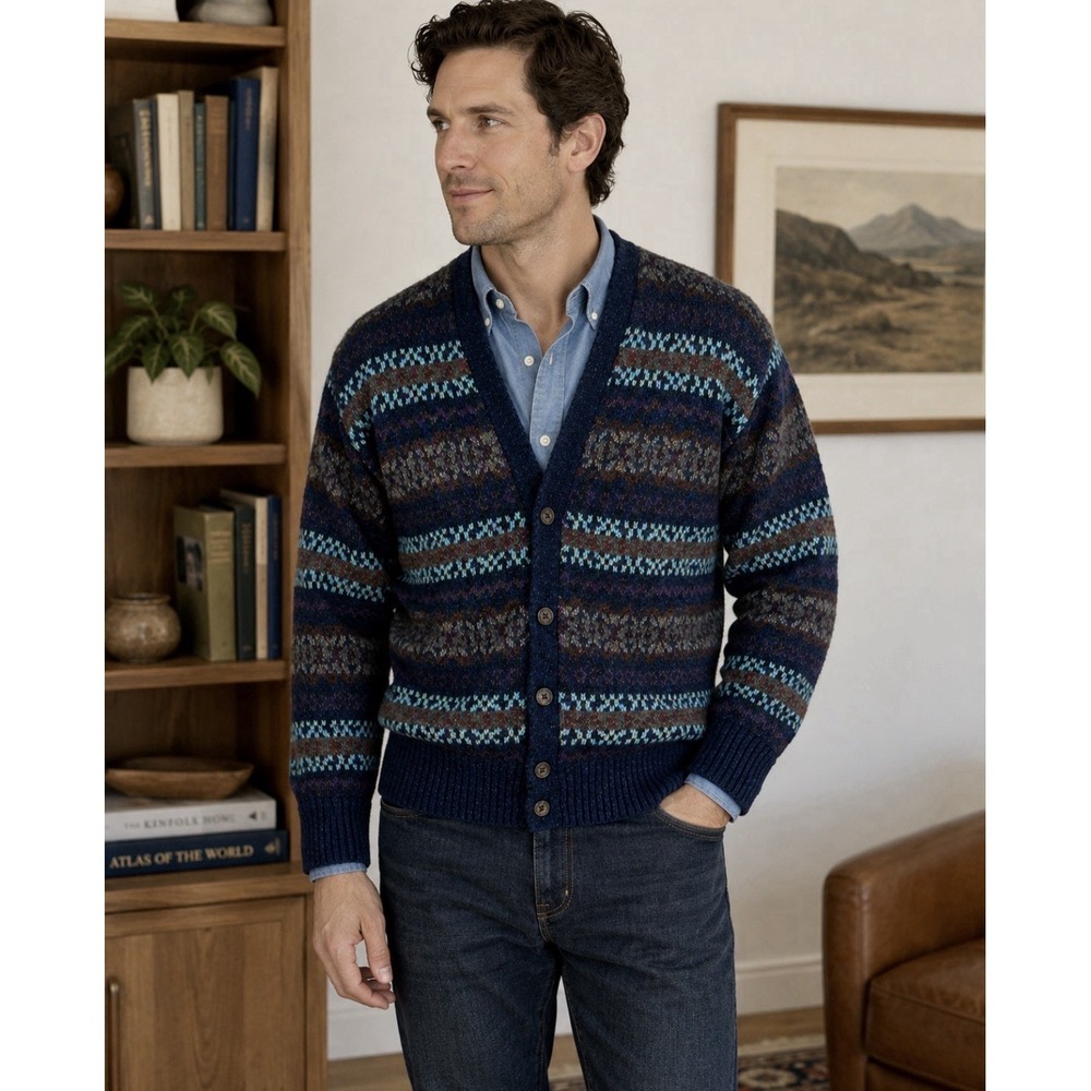 Vtg Christopher Hayes Wool Cardigan Sweater Mens M Fair Isle Grandpa Academia